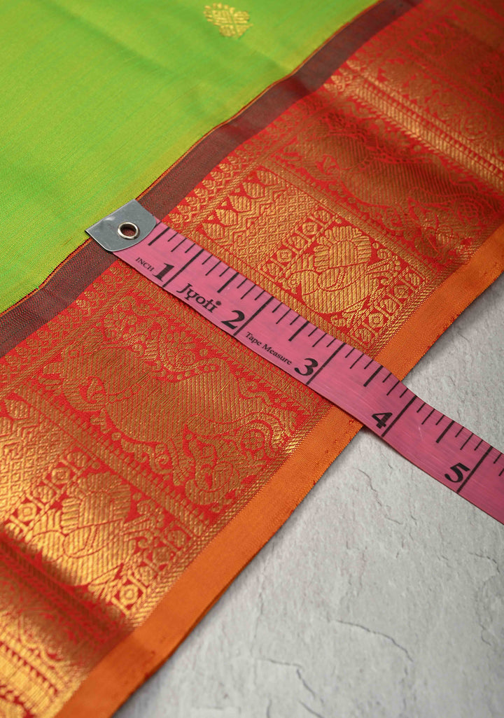 Korvai Weave Chartreuse Kanjivaram Pure Silk Saree with Zari Buttas and Contrast Yali Zari Border | SILK MARK CERTIFIED