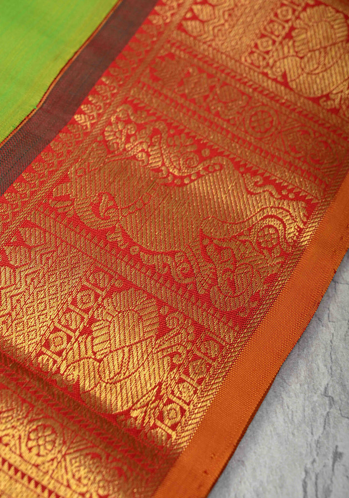 Korvai Weave Chartreuse Kanjivaram Pure Silk Saree with Zari Buttas and Contrast Yali Zari Border | SILK MARK CERTIFIED