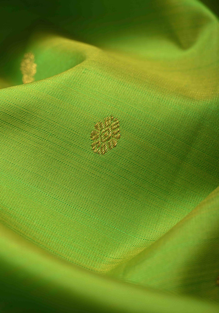 Korvai Weave Chartreuse Kanjivaram Pure Silk Saree with Zari Buttas and Contrast Yali Zari Border | SILK MARK CERTIFIED