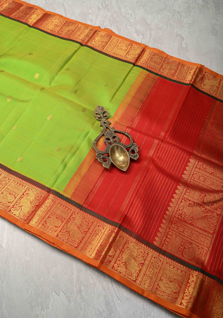 Korvai Weave Chartreuse Kanjivaram Pure Silk Saree with Zari Buttas and Contrast Yali Zari Border | SILK MARK CERTIFIED