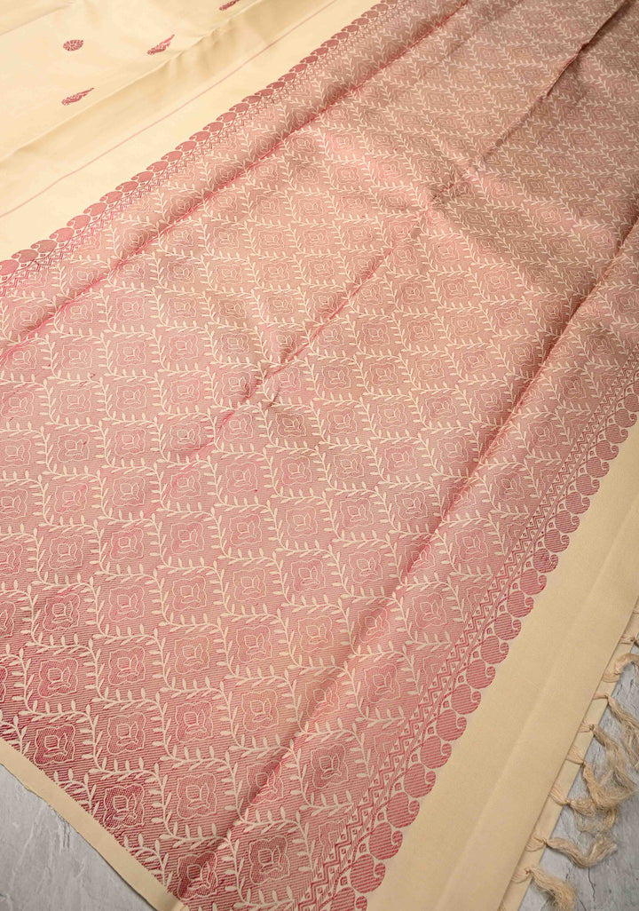 Zariless Beige Borderless Pure Kanjivaram Silk Saree with Resham Buttas  | SILK MARK CERTIFIED