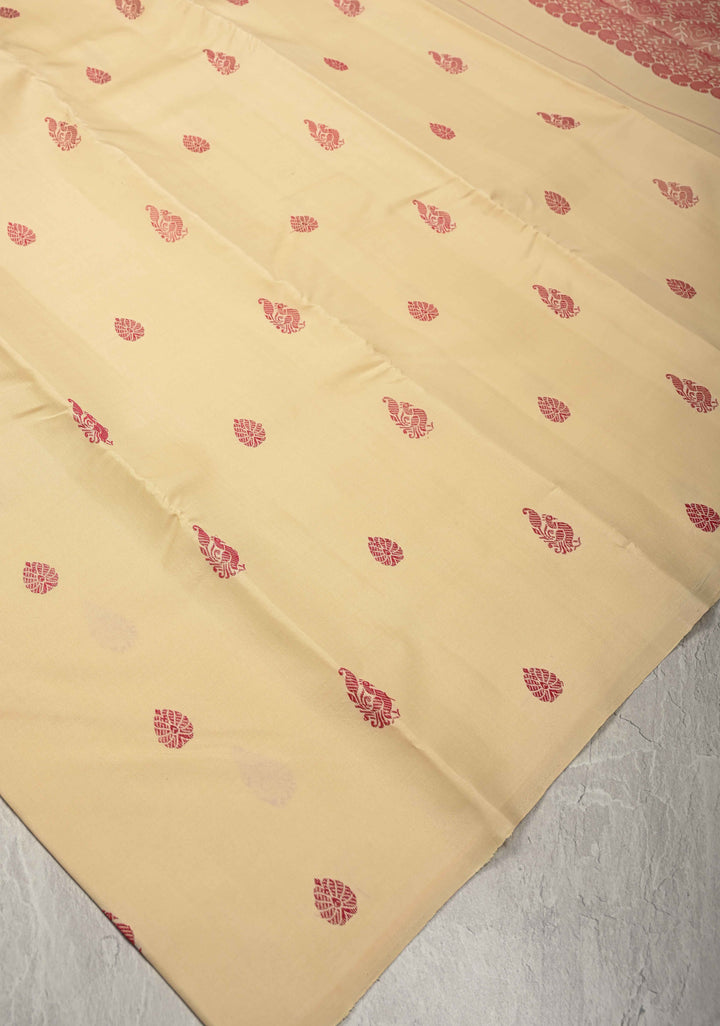 Zariless Beige Borderless Pure Kanjivaram Silk Saree with Resham Buttas  | SILK MARK CERTIFIED