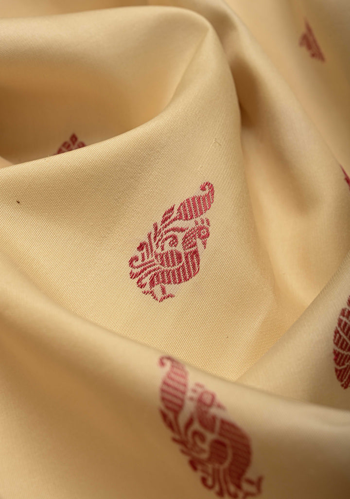 Zariless Beige Borderless Pure Kanjivaram Silk Saree with Resham Buttas  | SILK MARK CERTIFIED