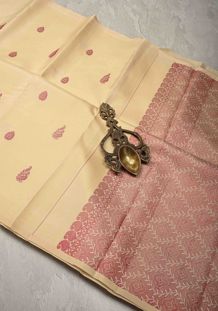 Zariless Beige Borderless Pure Kanjivaram Silk Saree with Resham Buttas  | SILK MARK CERTIFIED