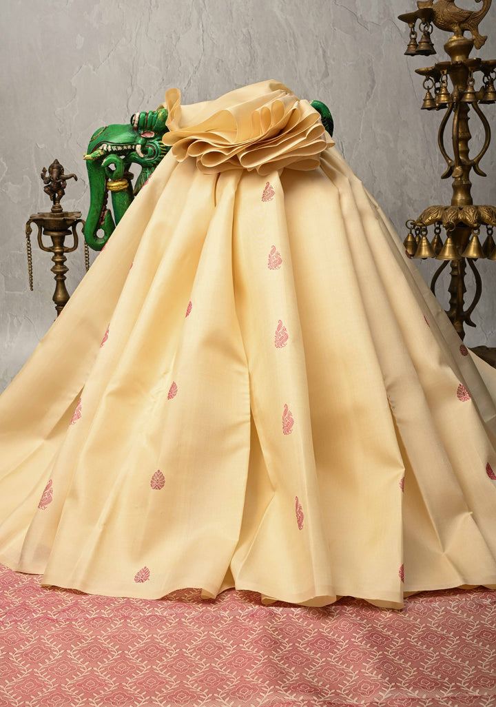 Zariless Beige Borderless Pure Kanjivaram Silk Saree with Resham Buttas  | SILK MARK CERTIFIED