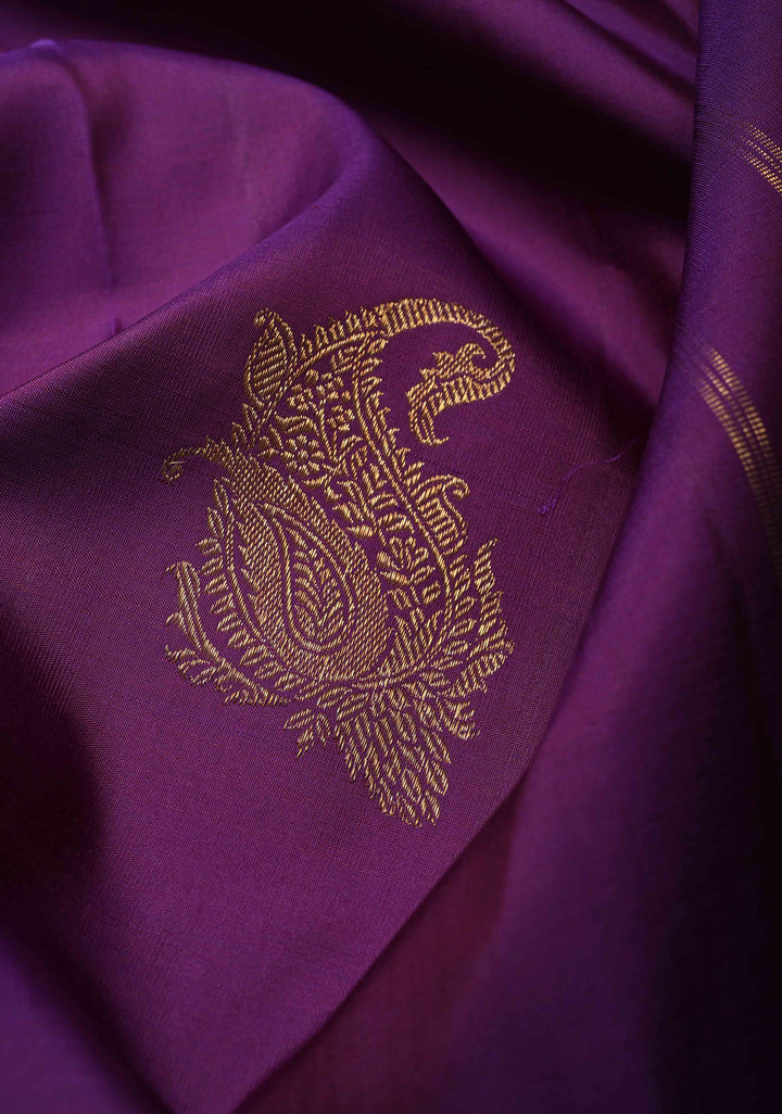 Borderless Plum Kanjivaram Pure Silk Saree with Paisley Motifs and Weavy Design Zari Panel  | SILK MARK CERTIFIED