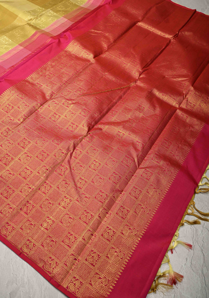 Beige  Borderless Check Pattern on Kanjivaram Pure Silk Saree with Peacock Feather, Flute Butta and Contrast Pallu | SILK MARK CERTIFIED