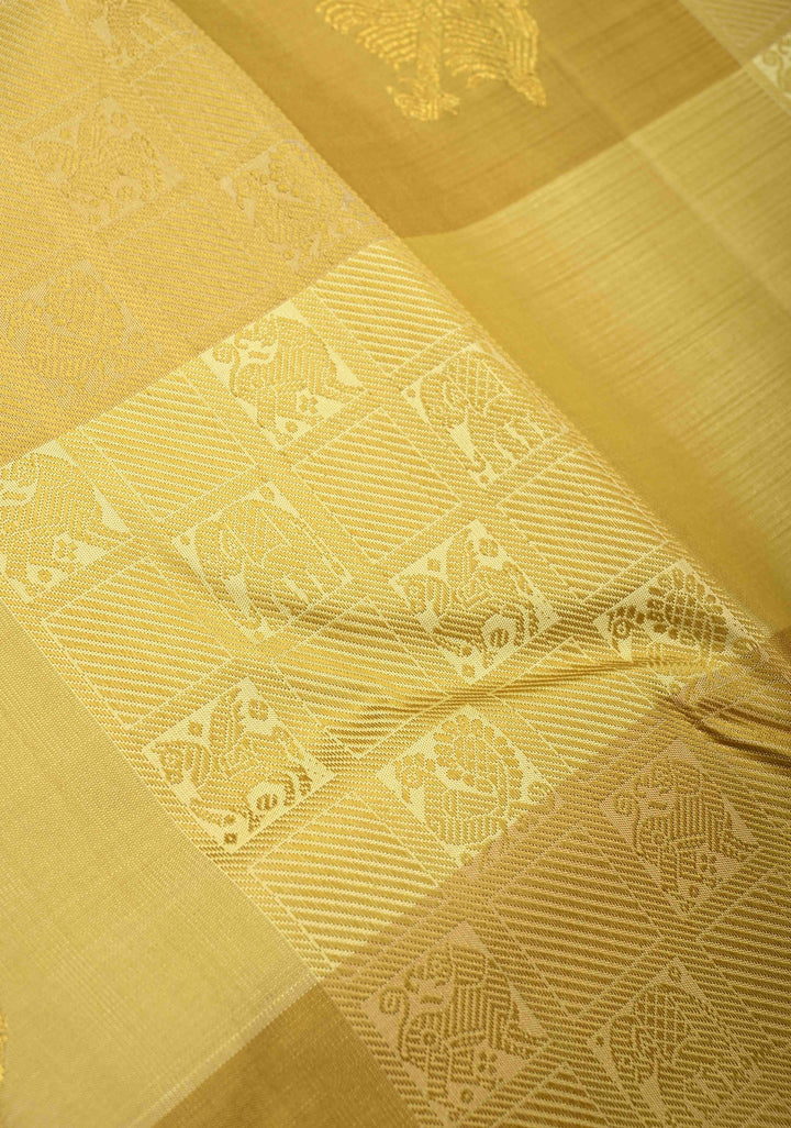 Beige  Borderless Check Pattern on Kanjivaram Pure Silk Saree with Peacock Feather, Flute Butta and Contrast Pallu | SILK MARK CERTIFIED