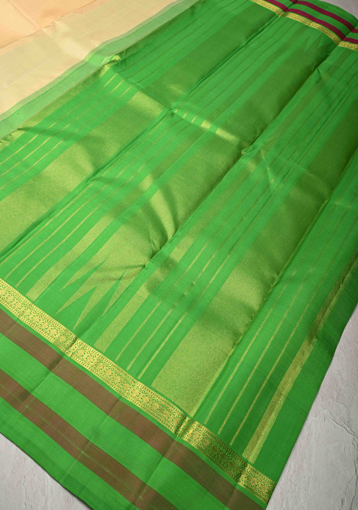 Beige Kanjivaram Pure Silk Saree with Contrast Temple Checks Zari Border | SILK MARK CERTIFIED