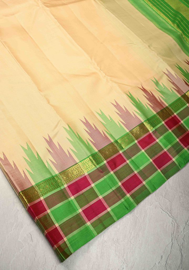 Beige Kanjivaram Pure Silk Saree with Contrast Temple Checks Zari Border | SILK MARK CERTIFIED