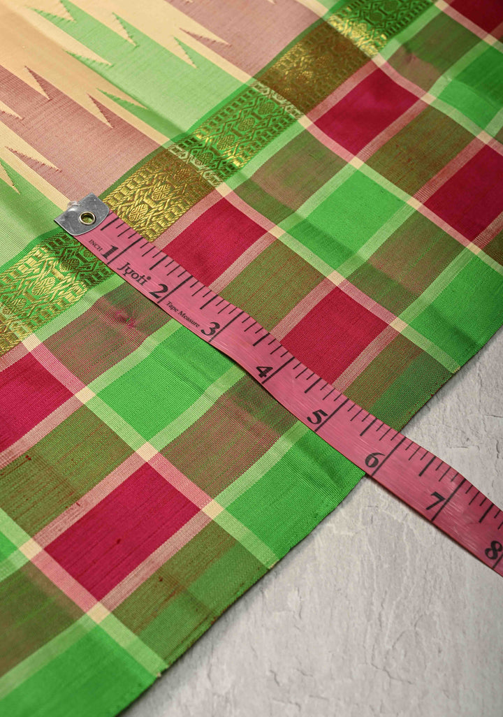 Beige Kanjivaram Pure Silk Saree with Contrast Temple Checks Zari Border | SILK MARK CERTIFIED