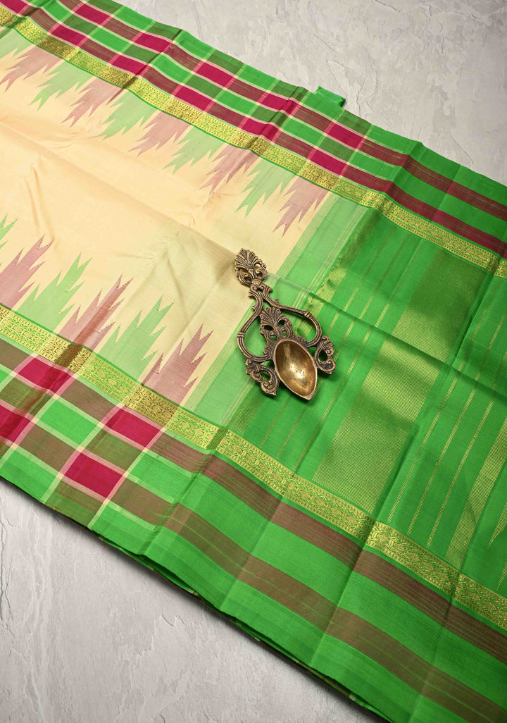 Beige Kanjivaram Pure Silk Saree with Contrast Temple Checks Zari Border | SILK MARK CERTIFIED