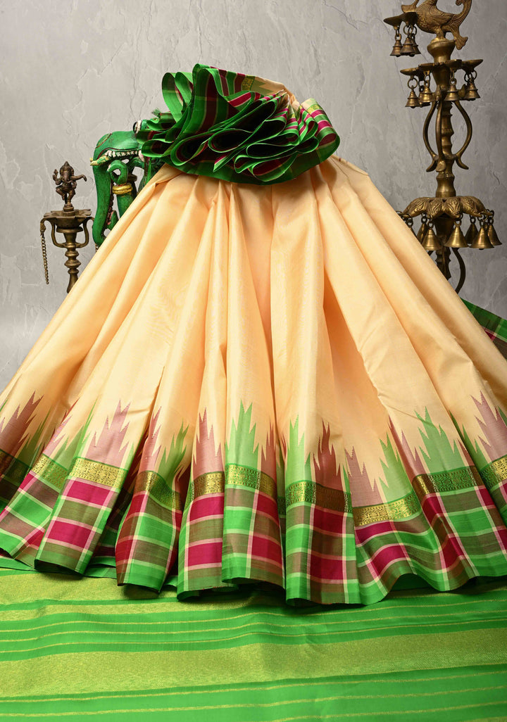 Beige Kanjivaram Pure Silk Saree with Contrast Temple Checks Zari Border | SILK MARK CERTIFIED