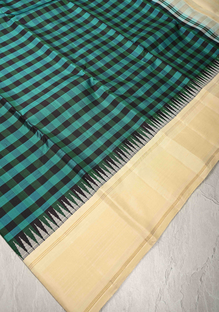 Korvai Kattam Kanjivaram Pure Silk Saree with Checks Pattern and Contrast Border | SILK MARK CERTIFIED