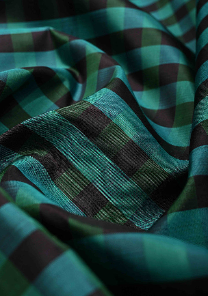 Korvai Kattam Kanjivaram Pure Silk Saree with Checks Pattern and Contrast Border | SILK MARK CERTIFIED