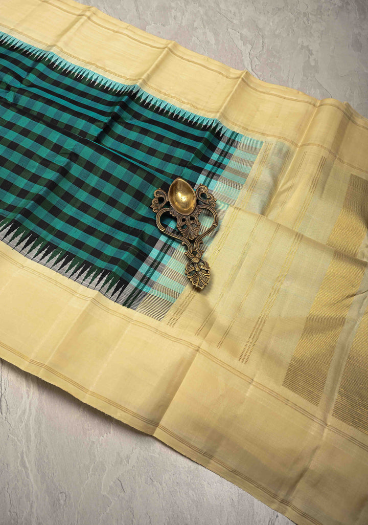 Korvai Kattam Kanjivaram Pure Silk Saree with Checks Pattern and Contrast Border | SILK MARK CERTIFIED