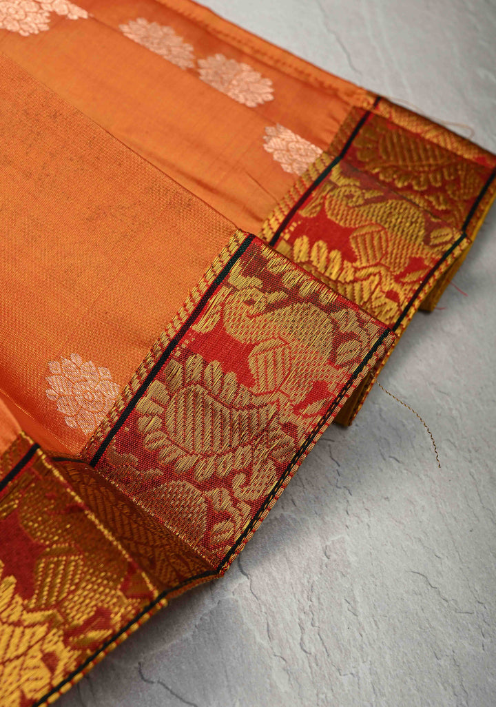 Orange Zari Buttas on Pure Silk Pavadas with Maroon Border for Varamahalakshmi with Pleated and Lined ( Lining )