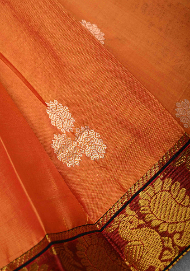 Orange Zari Buttas on Pure Silk Pavadas with Maroon Border for Varamahalakshmi with Pleated and Lined ( Lining )