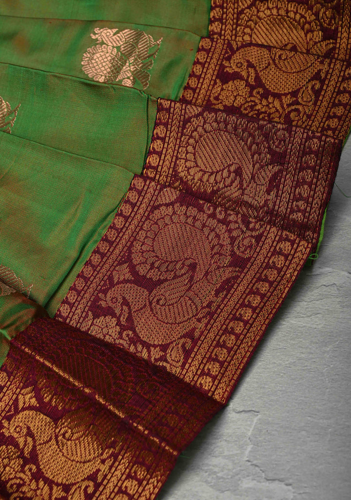 Green Dual tone Zari Buttas on Pure Silk Pavadas with Contrast Border for Varamahalakshmi with Pleated and Lined ( Lining )