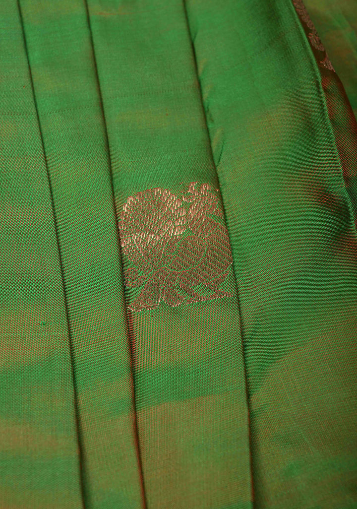 Green Dual tone Zari Buttas on Pure Silk Pavadas with Contrast Border for Varamahalakshmi with Pleated and Lined ( Lining )