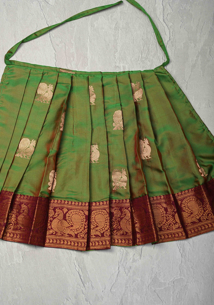 Green Dual tone Zari Buttas on Pure Silk Pavadas with Contrast Border for Varamahalakshmi with Pleated and Lined ( Lining )