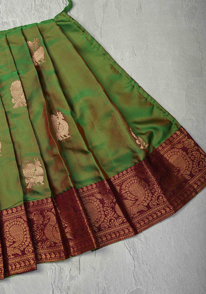 Green Dual tone Zari Buttas on Pure Silk Pavadas with Contrast Border for Varamahalakshmi with Pleated and Lined ( Lining )