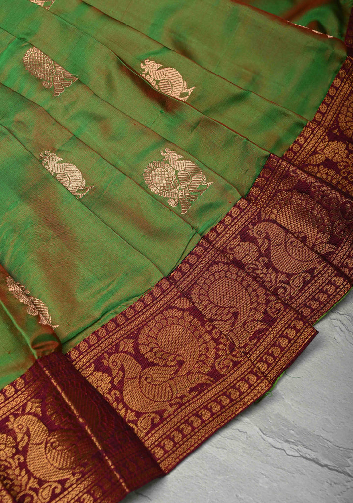 Green Dual tone Zari Buttas on Pure Silk Pavadas with Contrast Border for Varamahalakshmi with Pleated and Lined ( Lining )