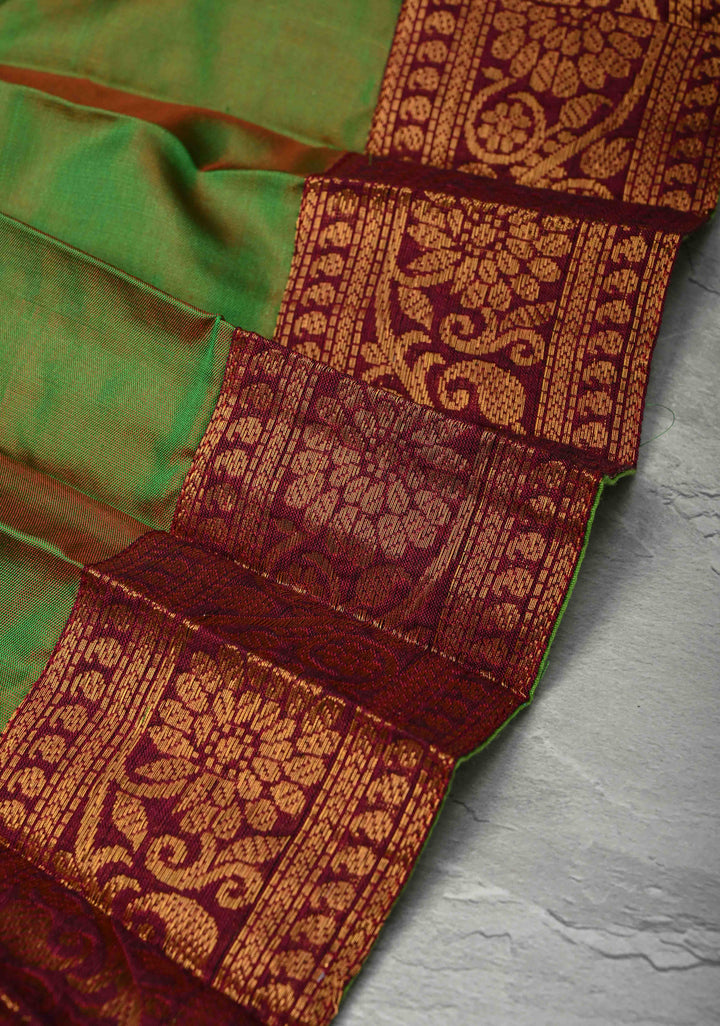 Green Dual tone Pure Silk Pavadas with Maroon Border for Varamahalakshmi with Pleated and Lined ( Lining )