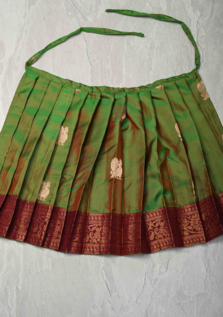 Green Dual tone Pure Silk Pavadas with Maroon Border for Varamahalakshmi with Pleated and Lined ( Lining )