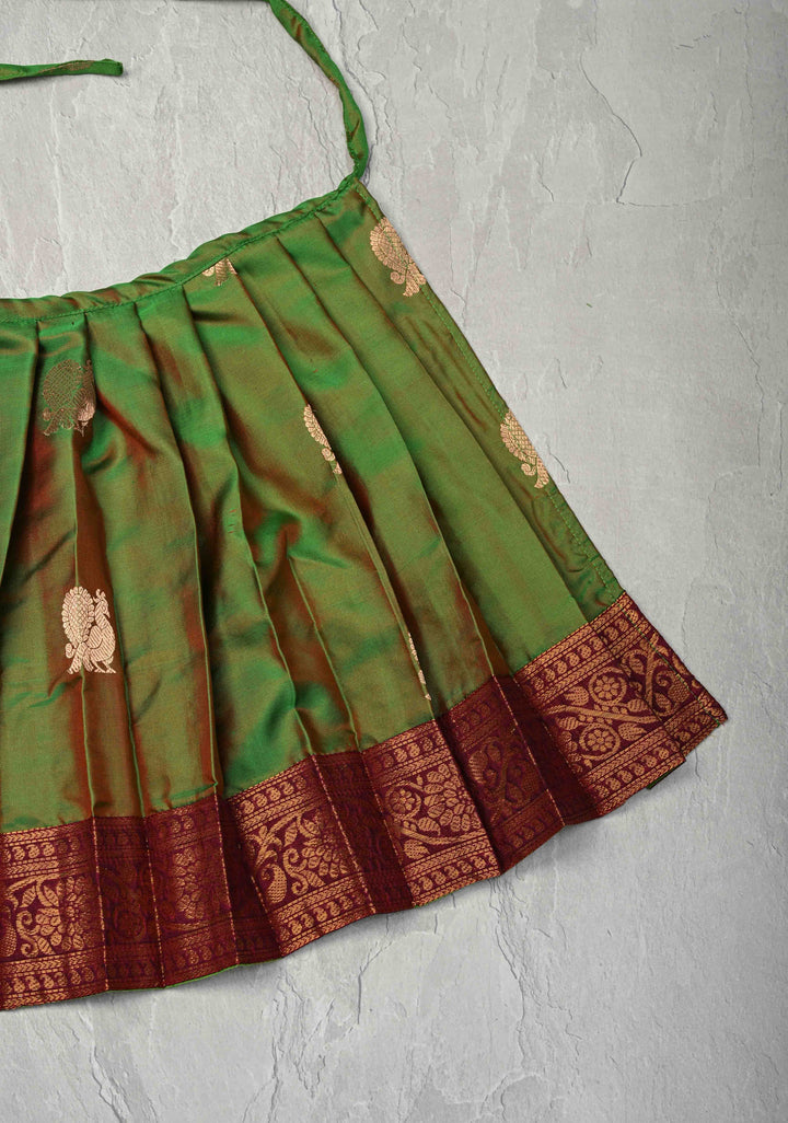 Green Dual tone Pure Silk Pavadas with Maroon Border for Varamahalakshmi with Pleated and Lined ( Lining )