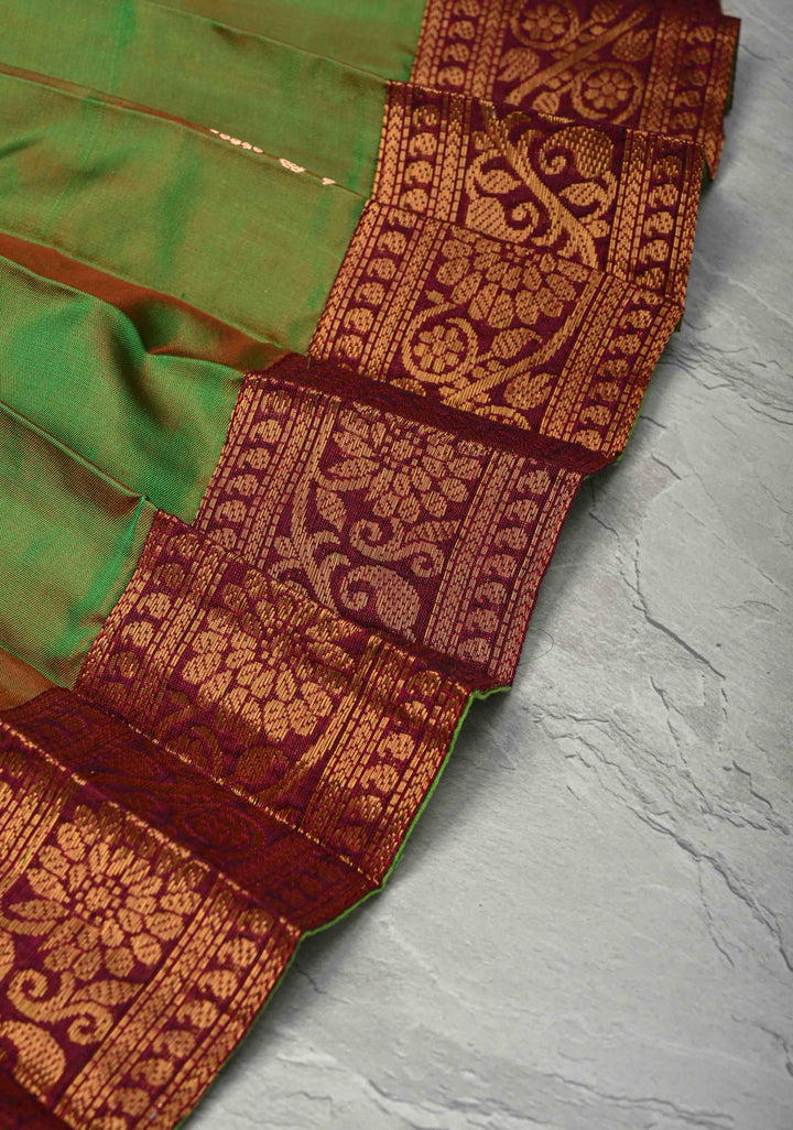 Green Dual tone Pure Silk Pavadas with Maroon Border for Varamahalakshmi with Pleated and Lined ( Lining )