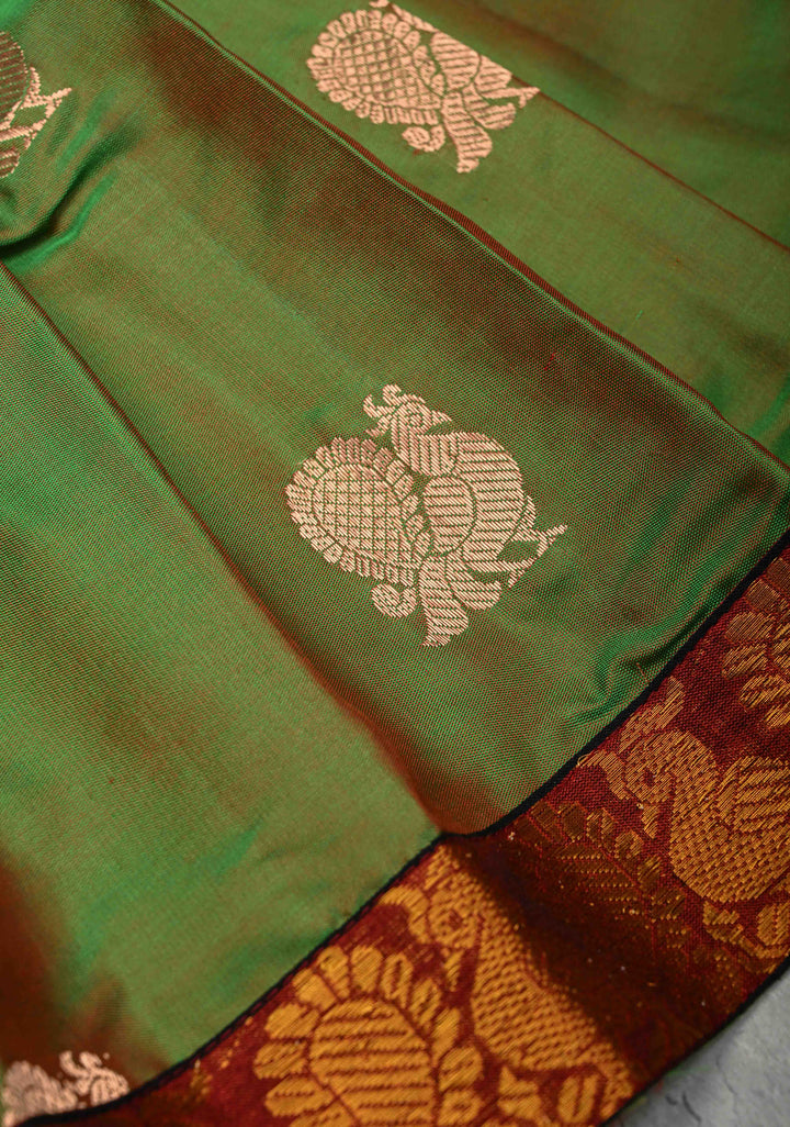 Green Dual tone Pure Silk Pavadas with Peacock Zari Border for Varamahalakshmi ( Lining )