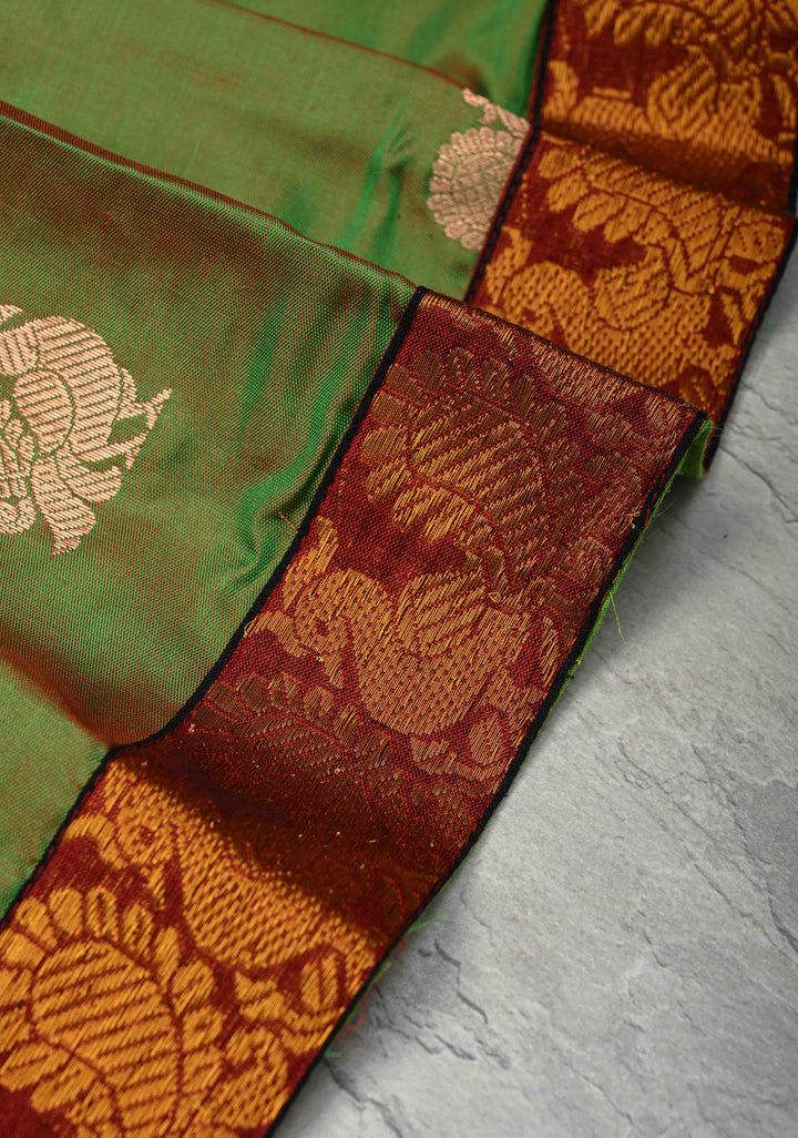 Green Dual tone Pure Silk Pavadas with Peacock Zari Border for Varamahalakshmi ( Lining )
