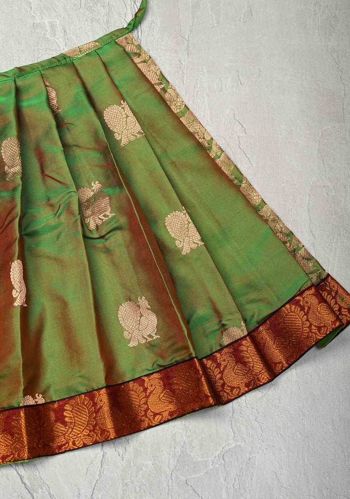Green Dual tone Pure Silk Pavadas with Peacock Zari Border for Varamahalakshmi ( Lining )