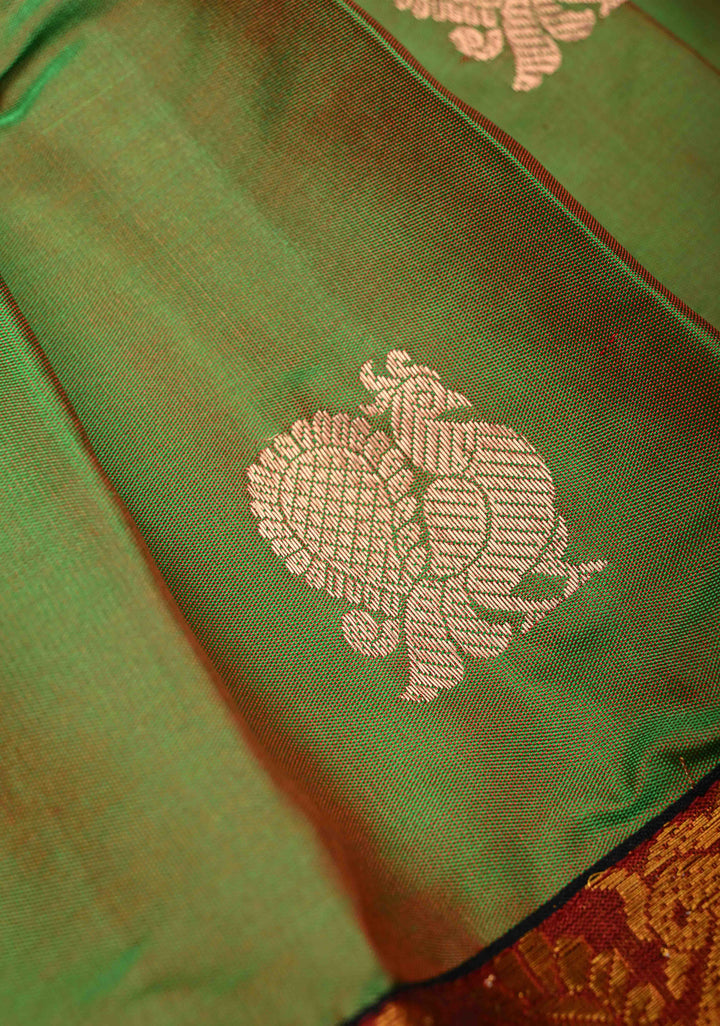 Green Dual tone Pure Silk Pavadas with Peacock Zari Border for Varamahalakshmi ( Lining )
