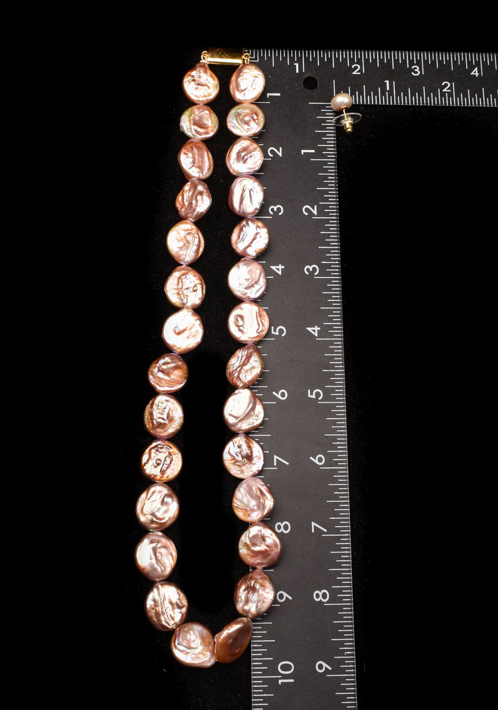 Baroque Pink Flat Pure Pearl Necklace and Earrings Set