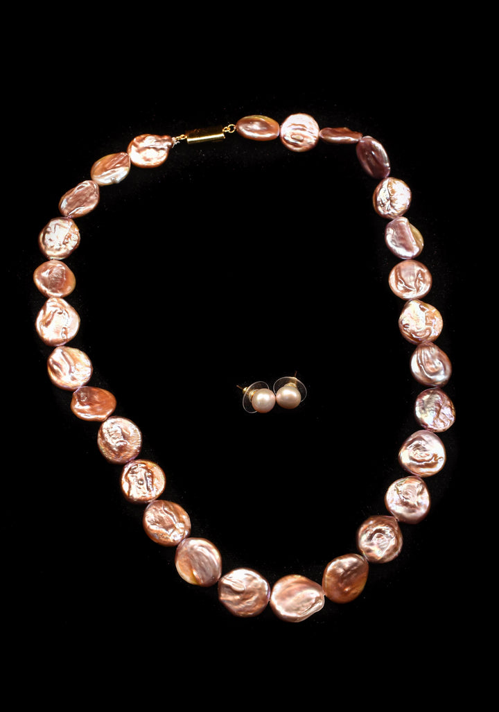 Baroque Pink Flat Pure Pearl Necklace and Earrings Set