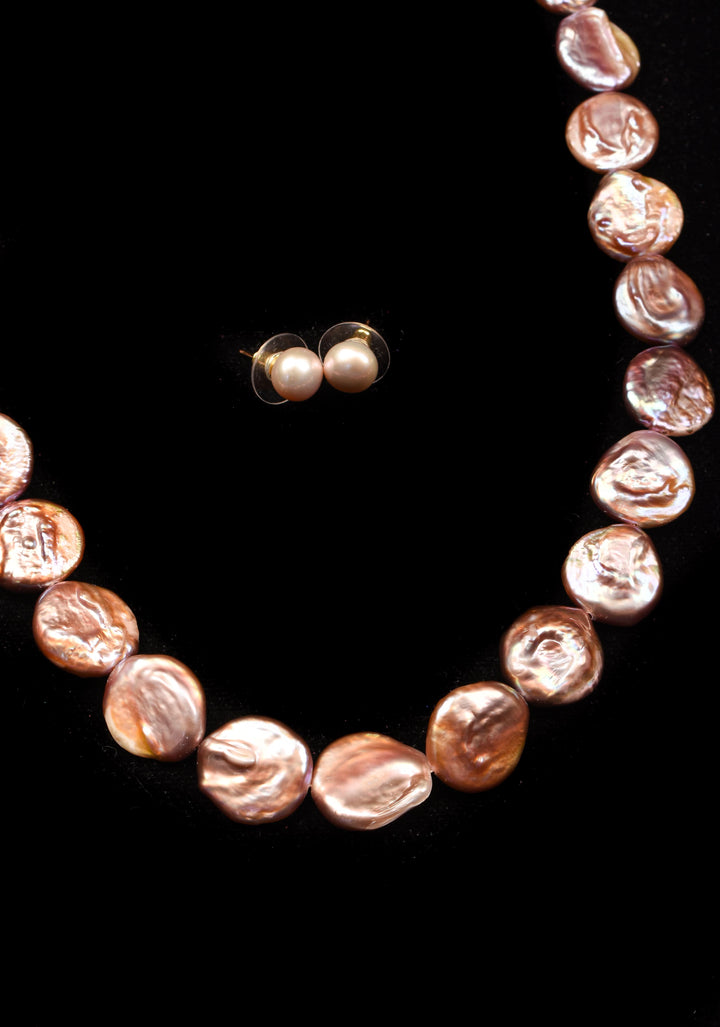Baroque Pink Flat Pure Pearl Necklace and Earrings Set