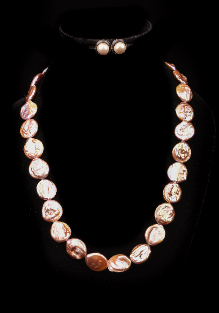 Baroque Pink Flat Pure Pearl Necklace and Earrings Set