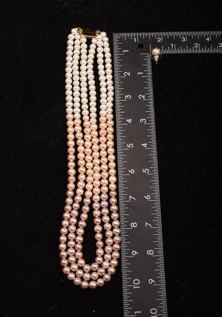 Triple Strand Freshwater Oval Shaped Multicolor Necklace Set