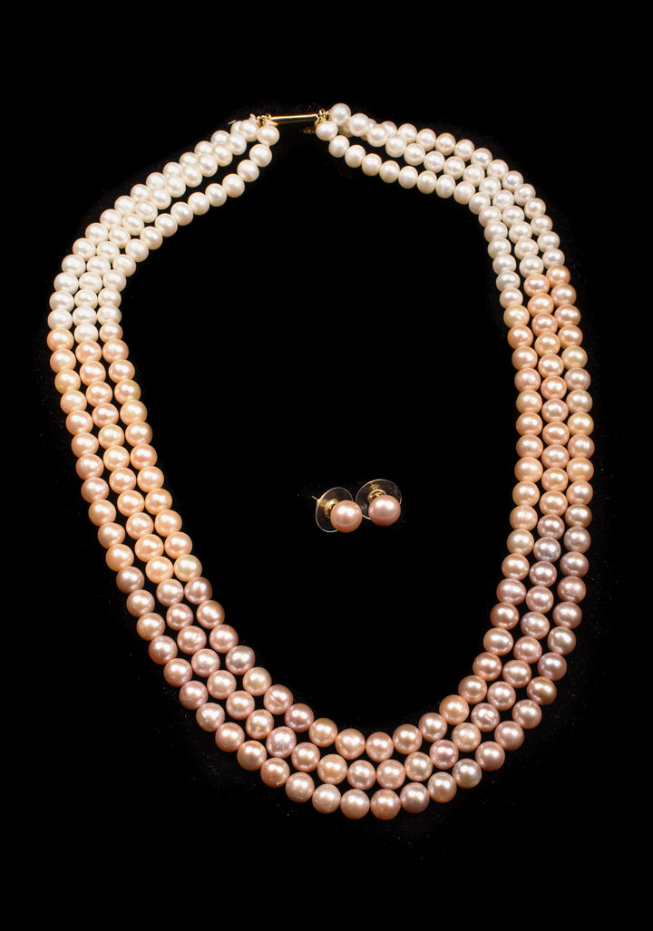 Triple Strand Freshwater Oval Shaped Multicolor Necklace Set