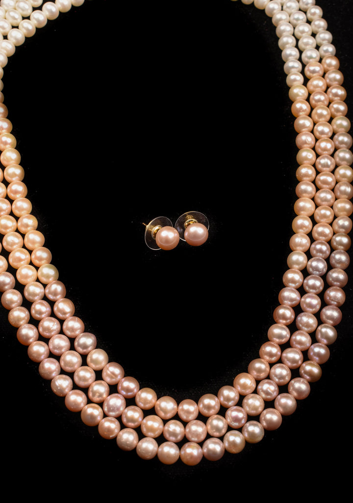 Triple Strand Freshwater Oval Shaped Multicolor Necklace Set