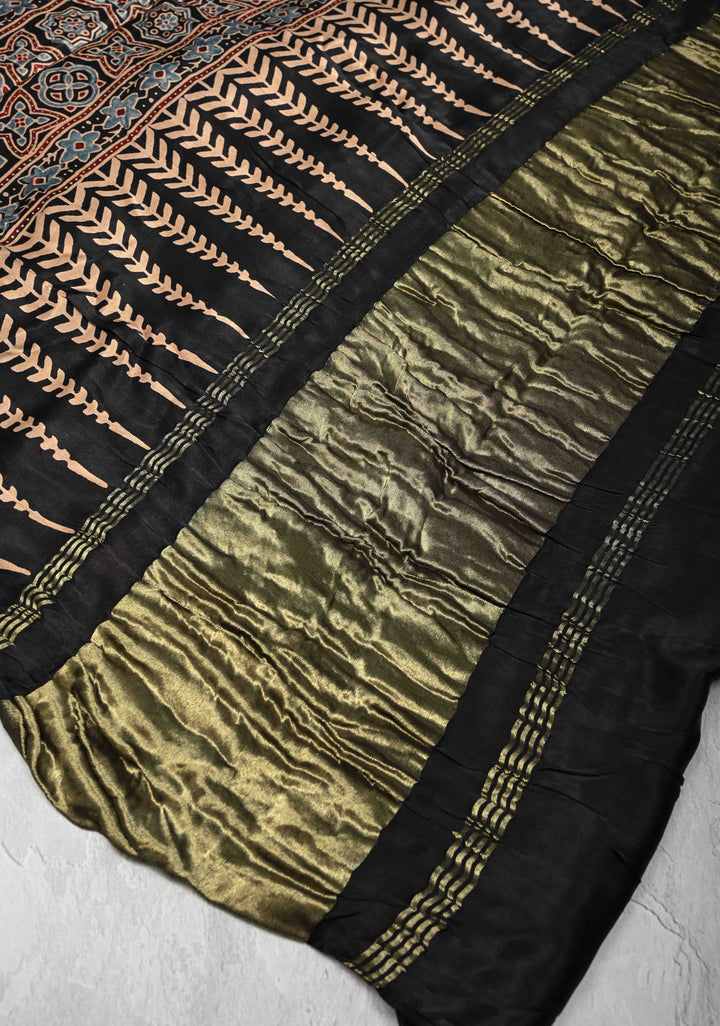 Black Modal Silk Saree With Hand Block Print
