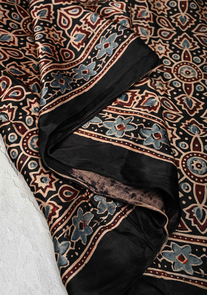 Black Modal Silk Saree With Hand Block Print