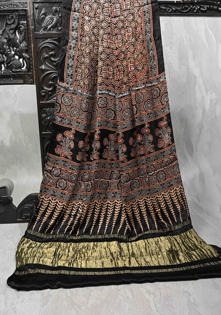 Black Modal Silk Saree With Hand Block Print