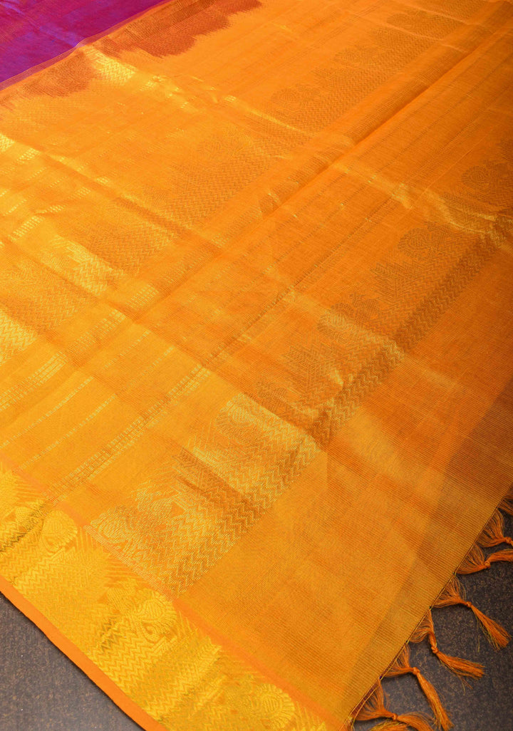 Purple Dual tone Vairaoosi Zari Stripes Kanchi Silk Cotton Handloom Saree with Contrast Zari Border