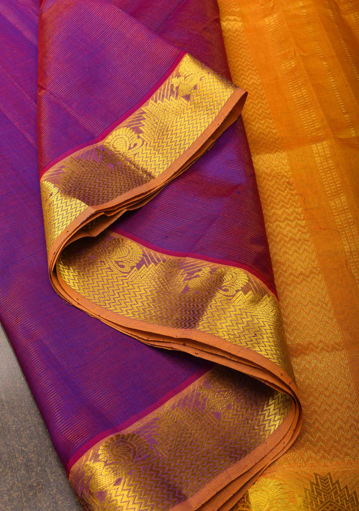 Purple Dual tone Vairaoosi Zari Stripes Kanchi Silk Cotton Handloom Saree with Contrast Zari Border