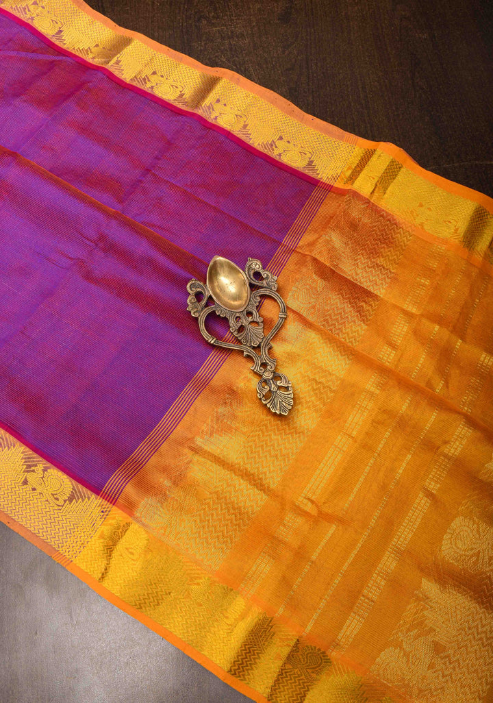 Purple Dual tone Vairaoosi Zari Stripes Kanchi Silk Cotton Handloom Saree with Contrast Zari Border