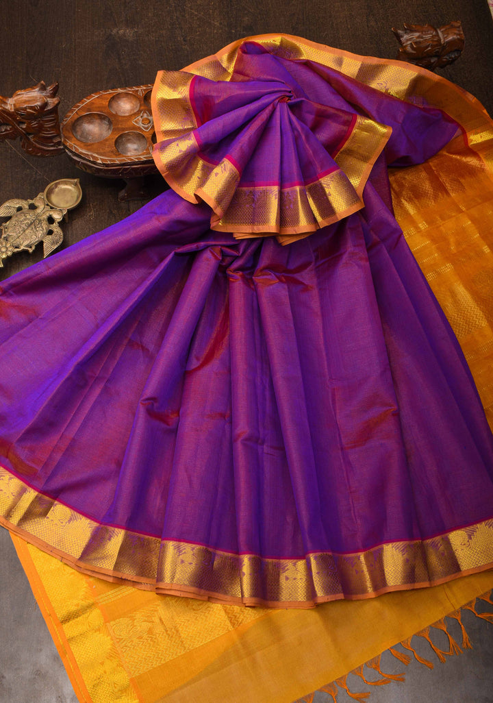 Purple Dual tone Vairaoosi Zari Stripes Kanchi Silk Cotton Handloom Saree with Contrast Zari Border