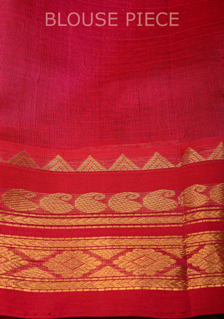 Korvai Handloom weave Dusty Teal and Red Kanchi Silk Cotton Saree with Contrast Borders